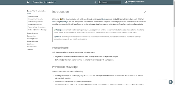Express.js Documentation landing page that has instructions on how to implement Express in your web application.