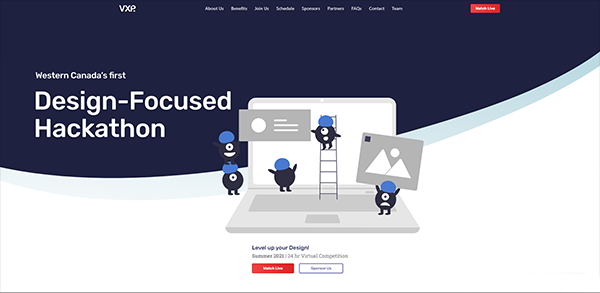 Venture Experience Hackathon landing page with the tagline Western Canada's first Design-Focused Hackathon.